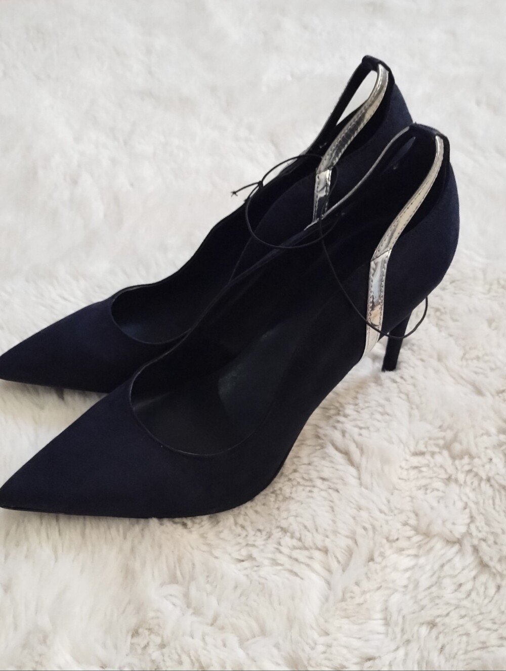 Marc Fisher Navy Pointed Slingback Pumps with Silver Heel Trim - Picture 3 of 8